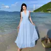Vestido de cuello en V temperamento suave cintura entallado