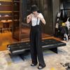 Traje de Pantalón de Tirantes de Cintura Alta para Mujer 2025 Verano Nuevo Moda Casual Negro Recto Suelto Pierna Ancha Conjunto de Dos Piezas