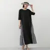 Vestido de punto de verano nuevo con costuras Cintura suelta Elegante A-falda larga con abertura Cuello redondo Japonés de manga corta