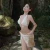 Bikini de Encaje con Escote Halter Súper Hada Deseo Puro Conjunto de Tres Piezas Traje de Baño Estilo Resort Junto al Mar Bikini con Falda Dividida Baño Termal