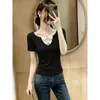 Camiseta Negra de Manga Corta con Escote en V y Lazo, Talla Grande para Mujer, Diseño Corto de Verano Ajustado con Cintura ceñida, Top Ligero