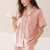 Pijama de una pieza de algodón puro para mujer, simple, casual, holgado, talla grande, cárdigan, manga corta, ropa de casa, agradable a la piel, transpirable, verano, camiseta OV