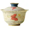Tigela de Cerâmica com Tampa Glaceada de Caramelo e Borboleta Orquídea Pintada à Mão, Dinastias Tang e Song, Estilo Antigo, Conjunto de Chá Kung Fu, Tigela de Chá Doméstica com Borda de Flor