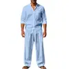 Estilo Europeo y Americano En Stock Cuatro Estaciones Lino para Hombre Casual Holgado Transpirable Camisa de Manga Larga y Pantalones Largos Conjunto de Playa Directo de Fábrica