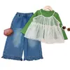 Conjunto de Otoño para Niña Estilo Mori 2026 Nuevo Elegante Malla de Lunares con Tirantes Ropa de Otoño para Niños Conjunto de Tres Piezas