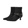 Cinto de Couro com Fivela Quadrada de Metal e Rebite, Botas Curtas Salto Agulha para Mulheres, Bico Fino, Zíper Lateral, Patchwork de Camurça, Botas de Cano Curto Emagrecedoras para o Trabalho