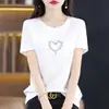 Blusa Feminina de Algodão Mercerizado de Manga Curta com Strass, Strass Hotfix Brilhante, Para o Dia a Dia, Toque Delicado, Simples, Versátil, Elegante, Top de Verão