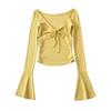 Otoño e invierno chica caliente sexy cuello en V profundo lateral calado manga larga camiseta básica para mujer manga campana frente con cordones top