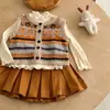 Conjunto de Menina Limão para Bebê Outono Novo Estilo Bebê Estiloso Colete Xadrez com Diamantes Camisa Básica Saia Plissada Conjunto de Três Peças Estilo Coreano
