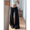 Calça Casual Preta de Cintura Baixa Wide Leg Feminina Outono e Inverno Forrada com Fleece Engrossada Calça de Moletom Slim Fit Emagrecedora Caída até o Chão Calça Longa