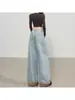 Jeans estiloso estilo americano com patchwork de estampa de leopardo, perna larga, para mulheres, azul claro, cintura alta, corte solto, emagrecedor, calça de comprimento total