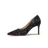 Sapatos de salto alto 9169 com sola vermelha, scarpins femininos de bico fino e salto agulha, sapatos pretos com lantejoulas para festas em boates, sapatos femininos sexy para eventos anuais