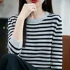 25 suéteres nuevos de punto de algodón a rayas para otoño e invierno para mujer, cuello redondo, corte holgado, elegantes y rejuvenecedores, perfectos como capa base o prenda superior