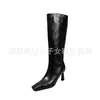 Botas de Cavaleiro de Couro de Vaca de Camada Dupla Botas Longas de Cano Alto Femininas Outono/Inverno Novas Bico Quadrado Zíper Lateral Salto Alto Botas Acima do Joelho Botas Femininas