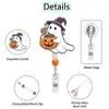 Clip de insignia retráctil de fácil extracción giratorio de acrílico con cuentas de fantasma, castillo, calabaza y purpurina para Halloween