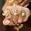 Anillo Abierto de Acero Inoxidable con Diseño de Concha, Perla y Girasol, Estilo Ins Europeo y Americano, Set de Joyería Sencillo y Exquisito, Joyería de Gama Alta de Nicho