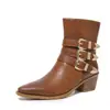 Botas Curtas Estilo Western Versáteis Europeias e Americanas com Fivela de Três Fileiras Respiráveis Salto Grosso Bico Redondo Confortáveis Botas de Tornozelo Sapatos Femininos Outono e Inverno