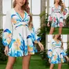 Amazon Nuevo Estilo Europeo y Americano Moda Femenina Vestido Corto de Manga Larga con Estampado, Cuello en V, Mangas Abullonadas y Cintura Ajustada