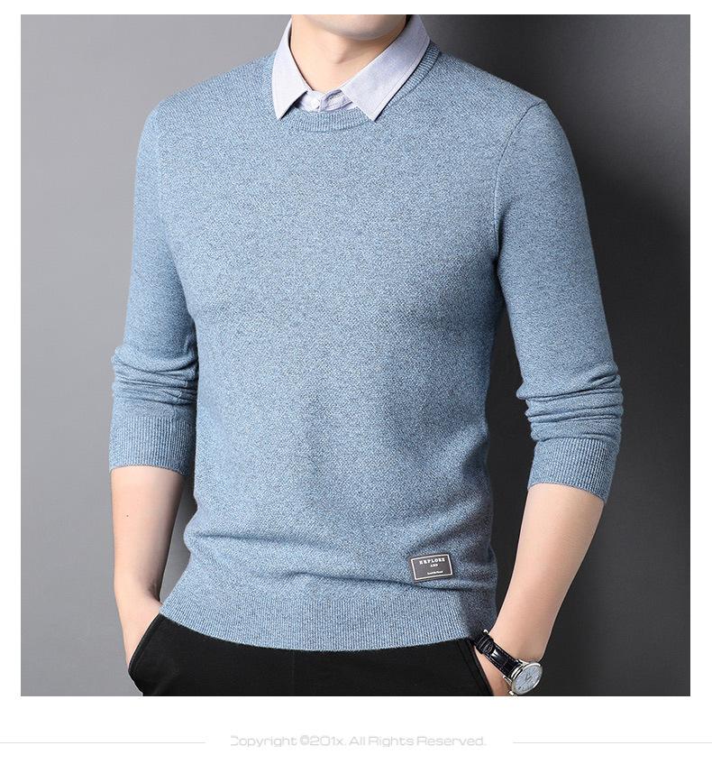 恒源祥衬衫领假两件毛衣男春秋含羊毛打底衫商务休闲纯色针织衫男