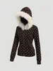 Sudadera con Capucha de Lunares Y2K con Cuello de Piel, Cuello de Piel Grande, Cárdigan con Cremallera, Corte Ajustado, Chaqueta para Mujer Estilo Milenial