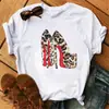 Camiseta de verano de manga corta para mujer, estilo europeo y americano, color rosa, con estampado de tacones altos, camiseta blanca de manga corta, talla grande para mujer