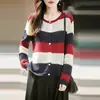 Novo Cardigan de Malha Listrado Feminino Outono/Inverno 2026 Lã Fina Gola Redonda Manga Longa Casaco Suéter Color Block