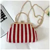 Bolsa de Ombro de Lona Listrada Retrô, Nova Bolsa de Mão Clip-On Fashion para Noite, Bolsa Transversal Elegante com Corrente para o Dia a Dia