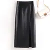 Outono/Inverno 2026 Nova Saia de Couro Feminina Cintura Alta Emagrecedora Saia Evasê Saia Bodycon Saia Longa com Fenda