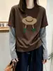 Camiseta de Manga Larga con Parches Rayados Falso Dos Piezas para Mujer Otoño Holgada Estilo Coreano Sentido del Diseño Nicho Capa Interior Capa Base Superior