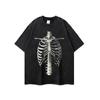 Marca de Moda de Estilo Americano Estampado de Hueso de Calavera Diablo Manga Corta Vintage Verano Suelto Retro Viejo Camiseta High Street para Hombre