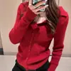Cardigan Tricotado de Lã Pura Novo Estilo Coreano 2025 Feminino Gola Lapela Listrado Slim Cor Pura Elegante Simples Jaqueta de Botão