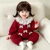 Ropa de Bebé con Lazos, Nuevo Estilo Conjunto Rojo de una Pieza para Bebé de un Año, Mameluco de Encaje de Princesa Elegante y Dulce