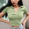 Camiseta de Punto de Manga Corta con Cuello Polo Ajustada para Mujer, Estilo Transfronterizo de Verano, Nueva, Cuello en V, Corta, que Muestra el Ombligo, Top Estratégico