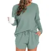 Conjunto de Pijama de Punto Waffle para Mujer Top de Manga Larga y Shorts a Juego Traje Casual Se Puede Usar Afuera Ropa de Casa