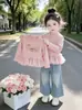Camiseta de Manga Larga para Niña 2026 Primavera y Otoño Niña Bebé Rosa Conejo de Dibujos Animados Top con Diseño de Empalme de Malla Estampada