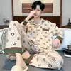 Pijama Masculino, Calça de Algodão Puro de Manga Longa, Conjunto de Duas Peças, Estilo Outono e Inverno, Cardigã Casual Simples com Lapela, Conjunto para Casa