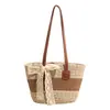 Bolso de Hombro Mediano Tejido de Paja para Mujer, Bolso Tejido para Vacaciones en la Playa, Bolso de Vacaciones en la Playa Tejido con Lazo de Encaje, Artículo de Moda Caliente