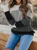 Suéter feminino de moda outono e inverno, transfronteiriço europeu e americano, top estiloso de gola redonda em blocos de cor, malha casual solta da Amazon