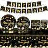 Fiesta de Nuevo Modelo Transfronteriza 2027 Año Nuevo Fondo Negro Chapado en Oro Suministros de Decoración para Fiesta Servilletas de Papel Mantel Vajilla Set de Arreglo