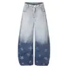 Calça jeans masculina preta e cinza com estampa de estrela desgastada, calça única estilo retrô americano de perna larga com barra curva até o chão, adequada para homens e mulheres