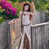 Vestido Longo Boêmio Vintage Floral Sem Alças para Mulheres, Vestido de Praia de Malha Patchwork para Férias de Verão na Praia