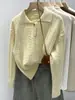 Suéter rosa pálido de punto trenzado con cuello polo para mujer, adecuado para otoño, invierno y primavera, con un look juvenil y elegante, corte holgado, top de manga larga