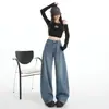 Jeans de pierna ancha de cintura alta color azul mezclilla con detalle naranja para jóvenes y mujeres, corte holgado, adelgazantes, favorecedores, versátiles y elegantes