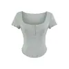 Camiseta Leve de Manga Curta com Botões e Decote Quadrado Estilo Francês, Top Regata Sexy Justo e Semi-Transparente de Verão, Top para Garota Ousada
