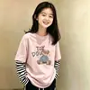 Camiseta de manga larga para niña, algodón puro, estilo primavera y otoño, versión coreana, holgada, sencilla, casual, cuello redondo, camiseta básica para niños, imitación de dos piezas