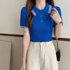 Suéter de punto casual de manga corta con cuello decommuting, combinación de colores, estilo corto adelgazante, ropa nueva de verano para mujer