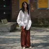 Camisa básica blanca de lino, holgada, de estilo artístico casual y relajado para otoño