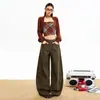 2025 Nuevos Pantalones Vaqueros Marrón Café Cómodos Sueltos Vaqueros Otoño e Invierno Versátiles Bolsillo Botón Botonadura Largo hasta el Suelo