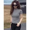 Camiseta de Tricô Cinza Estilo Francês Resistente com Gola Alta Meia-Pérola para Mulheres, Nova Coleção Primavera 2026 Slim-Fit Plus Size