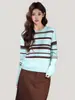 Suéter de Tricô Color Block Listrado Azul Fashionável Suave de Manga Longa para Mulheres 2026 Outono e Inverno Suéter de Gola Redonda Top Camada Interna